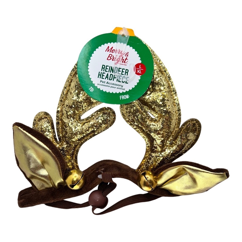Merry & Bright Reindeer Headpiece Pet Accessory Gold Glitter‎ Antlers Bells